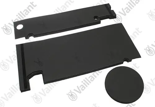 Vaillant-Isolierungsset aus schwarzem Material, bestehend aus zwei länglichen Platten und einer runden Scheibe, zur Schalldämmung für spezielle Modelle.